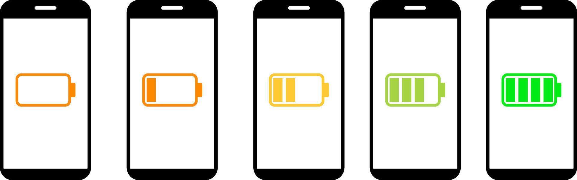Smartphone with battery charge level icon set. UI design battery elements. Full low and empty status. Battery charging progress interface element vector