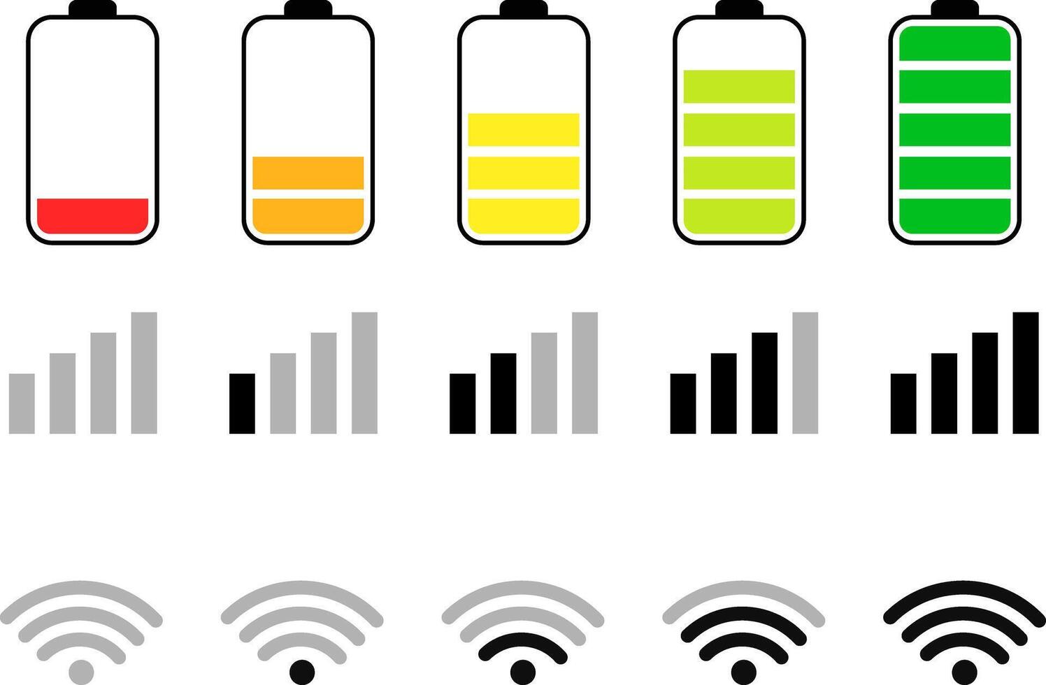 Mobile phone signal. Wifi battery icon. Status bar symbol. Battery indicator symbols. Energy power accumulator. Mobile Data Notification vector
