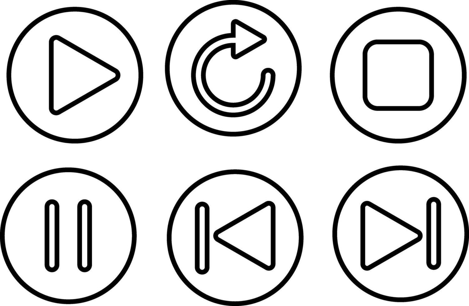 Play, replay, stop, pause, previous, next icon set. collection of multimedia symbols. media player buttons sign vector