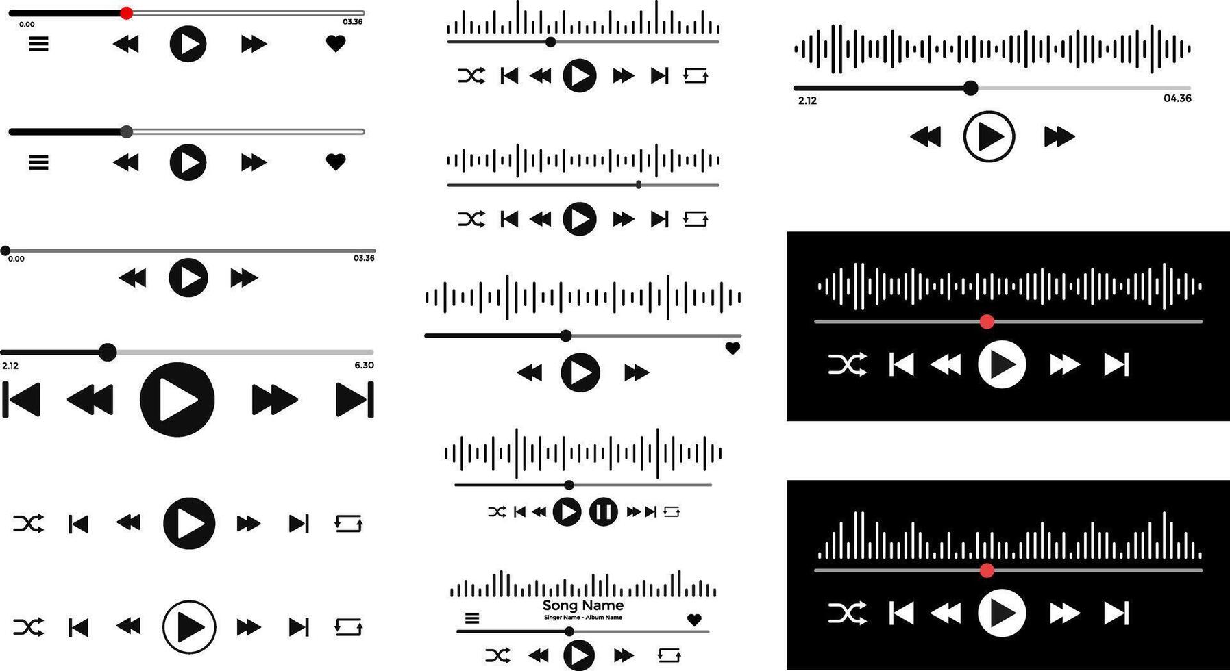Music play interface icons. Online broadcasting. social media interface. playback progress. Multimedia play template vector