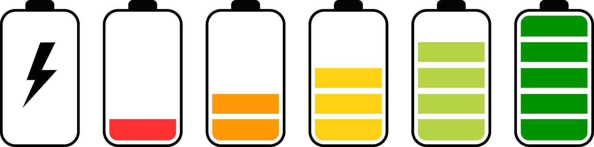 battery charge level icon. low to full level status indicator with charging. Energy power accumulator. UI design battery elements vector