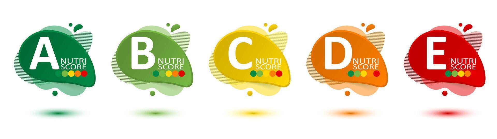 Nutrition score classifications for food products from A to E showing healthiness levels vector