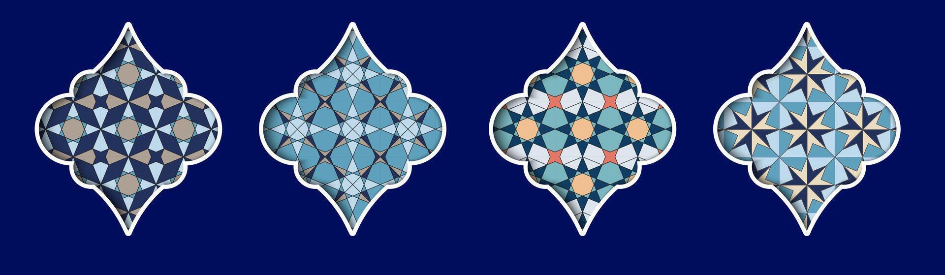 Islamic window design featuring intricate geometric patterns in varying shades of blue vector