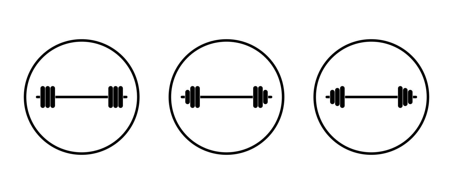 Gym barbell icon set on circle line. Fitness and workout sign symbols for apps and branding vector