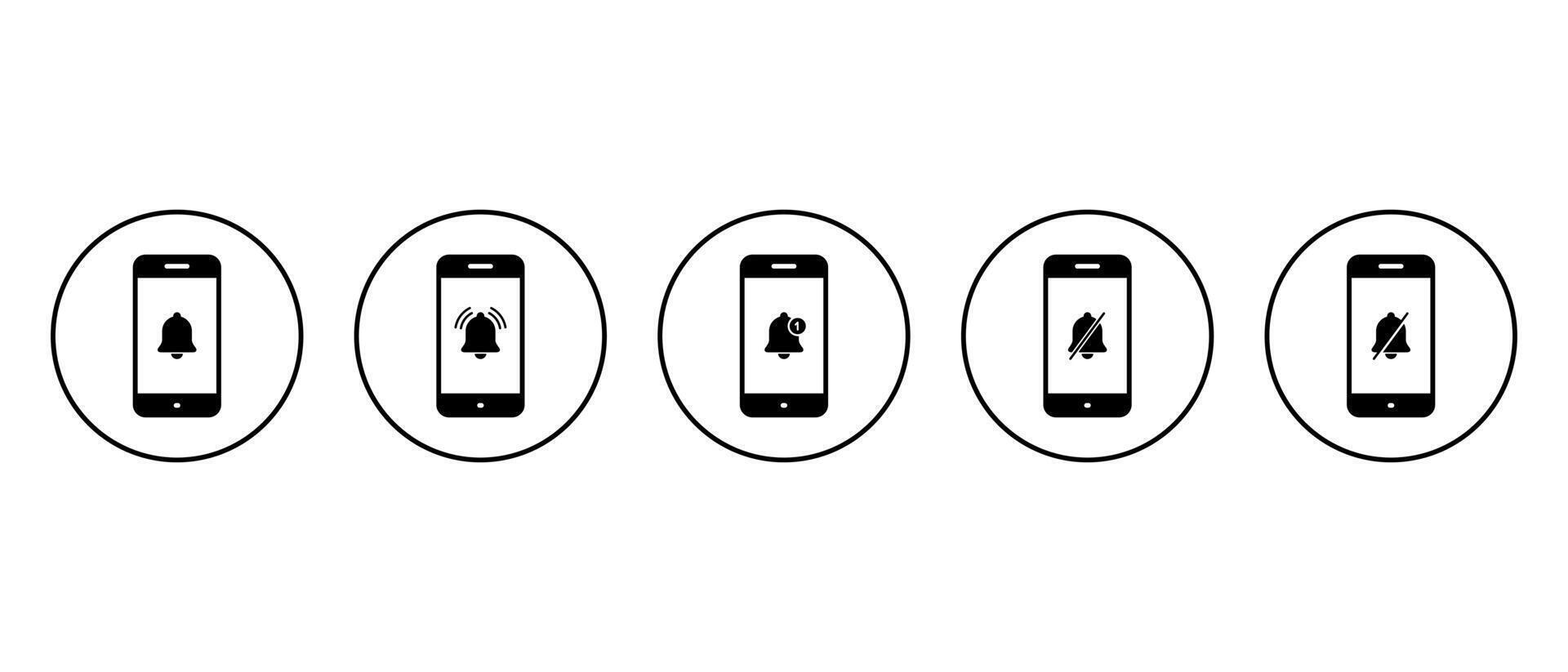 Notification bell on mobile phone icon set collection on circle line. Smartphone alarm sign symbol vector