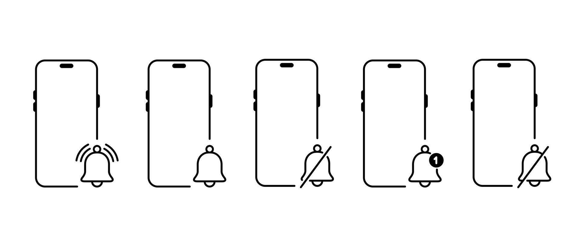 Notification bell with smartphone icon set collection. Alarm, reminder phone sign symbol vector