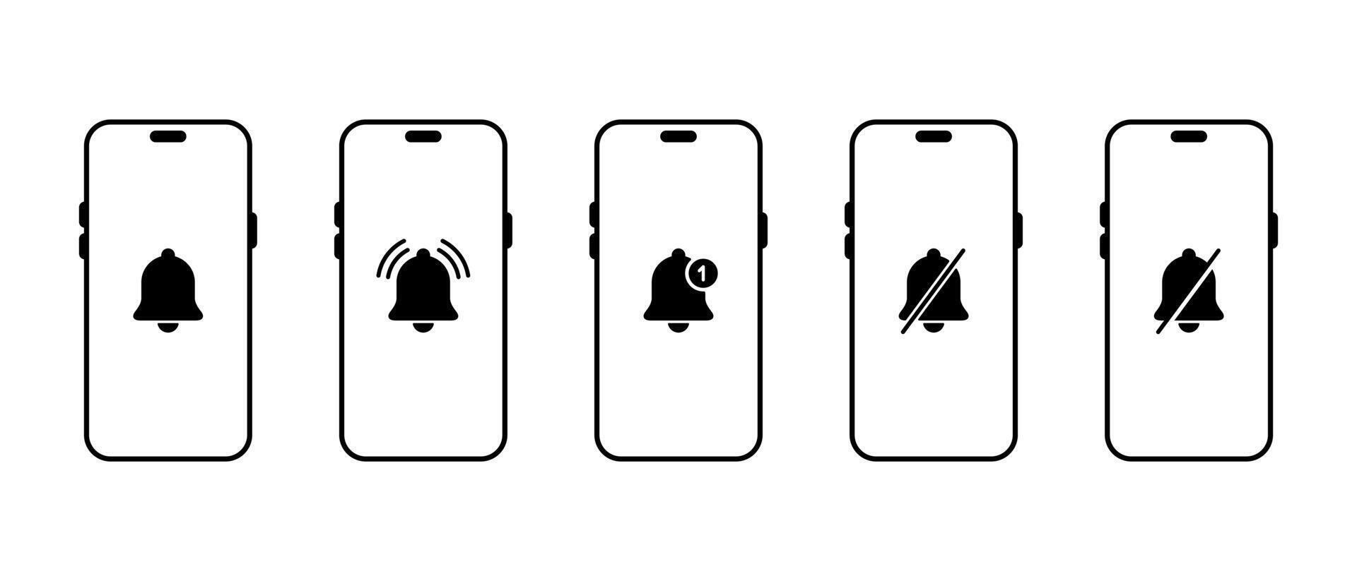 Alarm bell on smartphone icon set collection. Phone notification sign symbol vector