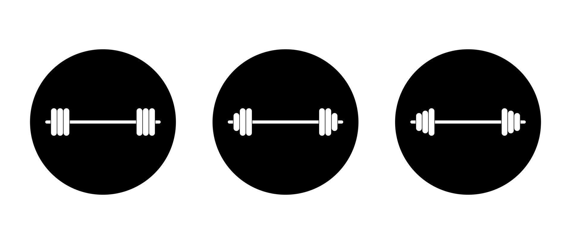 Gym barbell icon set on black circle. Fitness and workout sign symbols for apps and branding vector