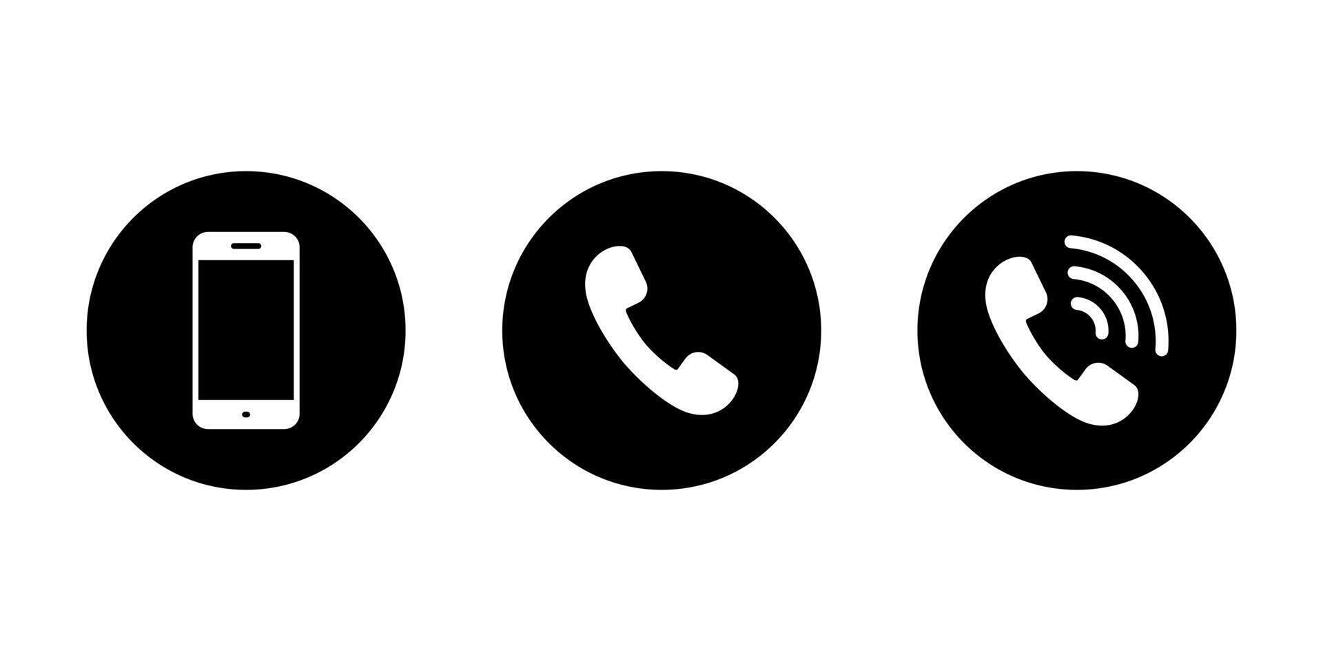 Mobile phone and telephone icon on black circle. Call communication sign symbol vector