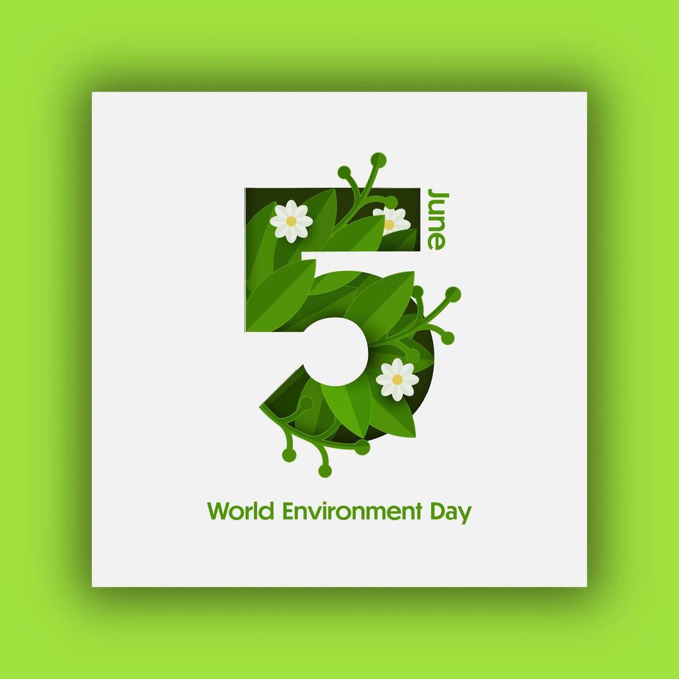 5 June World Environment Day Text Decorated with Green Leaves and Flowers Design vector