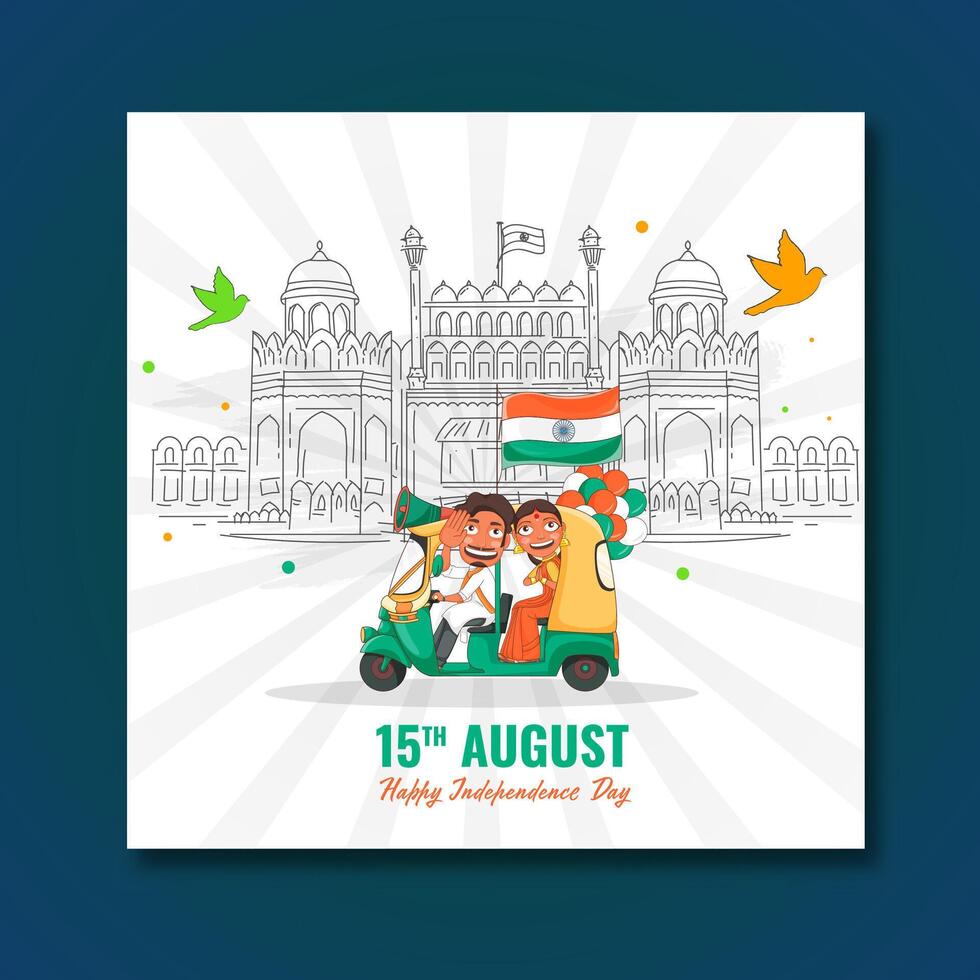 Indian Man Driving Auto with Woman Doing Namaste, Indian Flag, Balloons and Line Art Red Fort Monument on White Rays Background for 15th August Celebration vector