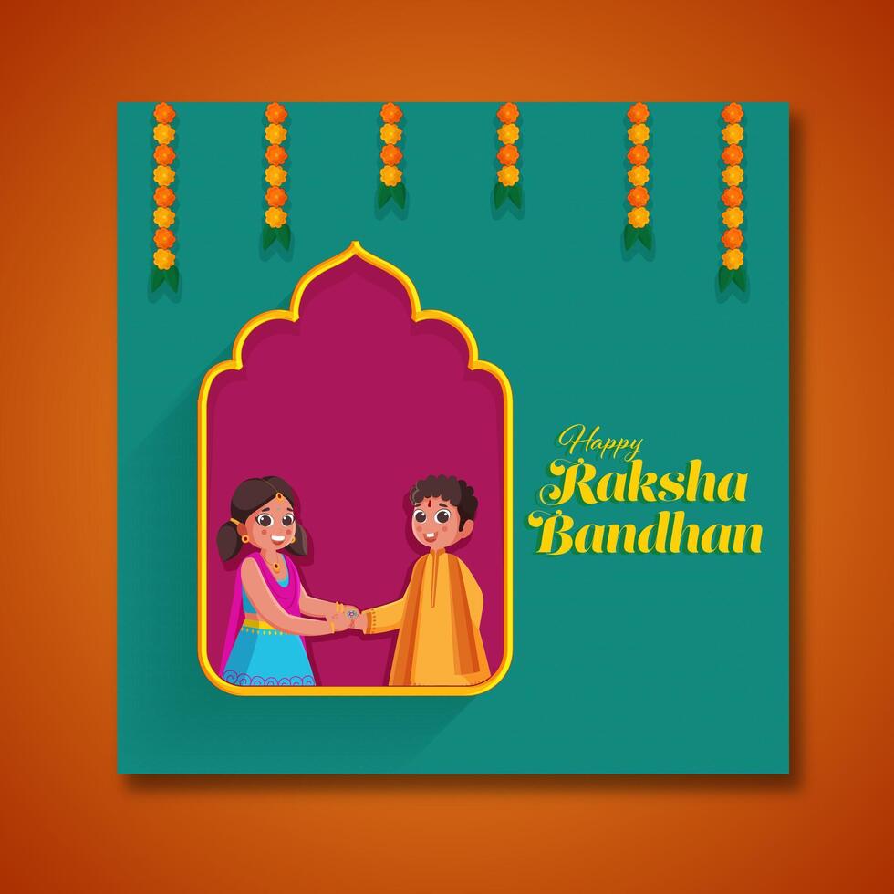 Raksha Bandhan Greeting Card with Sister Tying Rakhi to Her Brother on Celebration Background. vector