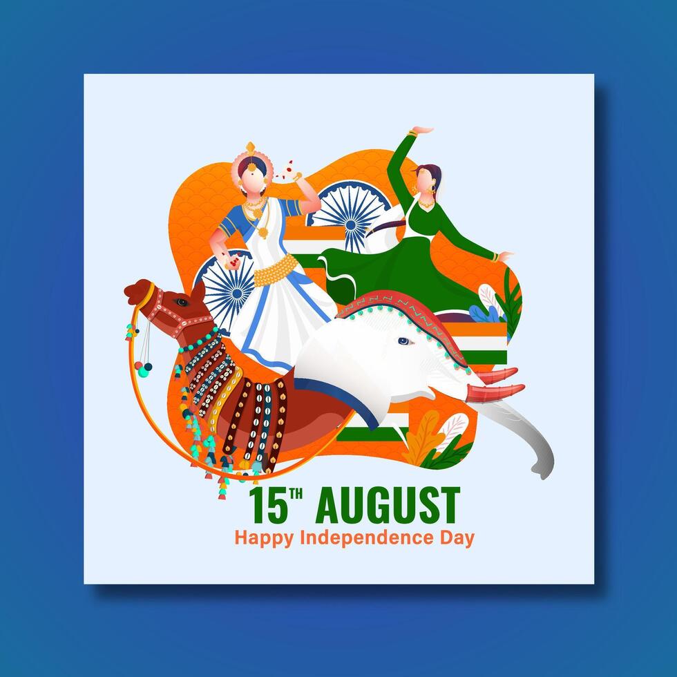 Indian Women in Dancing Pose with Elephant Face, Camel and Ashoka Wheel for India Independence Day Celebration. Can be used as Poster or Template Design vector