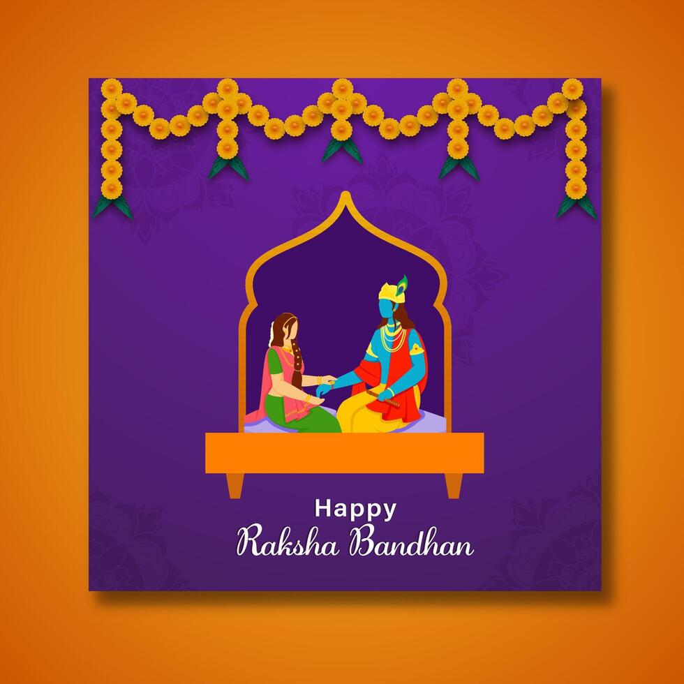 Illustration of Subhadra Tying Rakhi to Lord Krishna for Happy Raksha Bandhan Celebration. vector