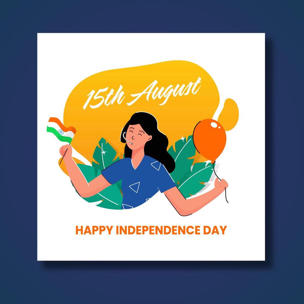 15th August, Happy Independence Day Concept with Young Girl Holding Balloon, India Flag, Leaves on Chrome Yellow and White Background. vector
