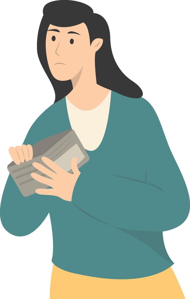 Confused Woman Holding Empty Wallet Isolated on White Background vector