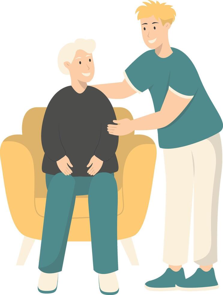 Volunteers Character with Old People. Isolated Cartoon Illustration. vector