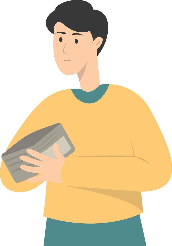 Confused Man Holding Empty Wallet Isolated on White Background, vector