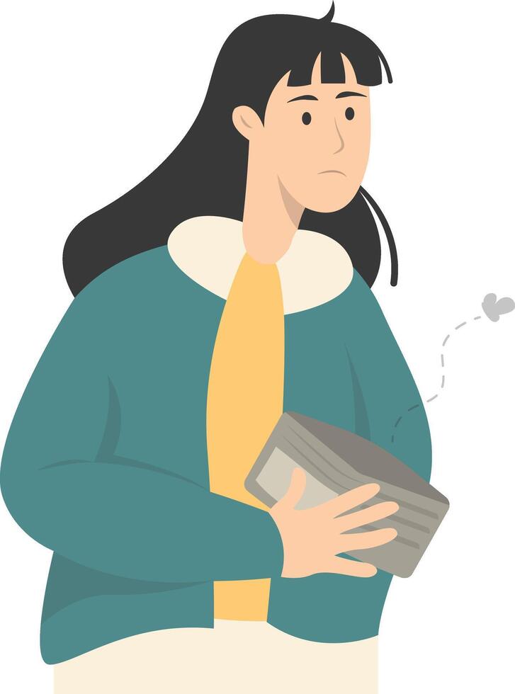 Confused Woman Holding Empty Wallet on White Background vector