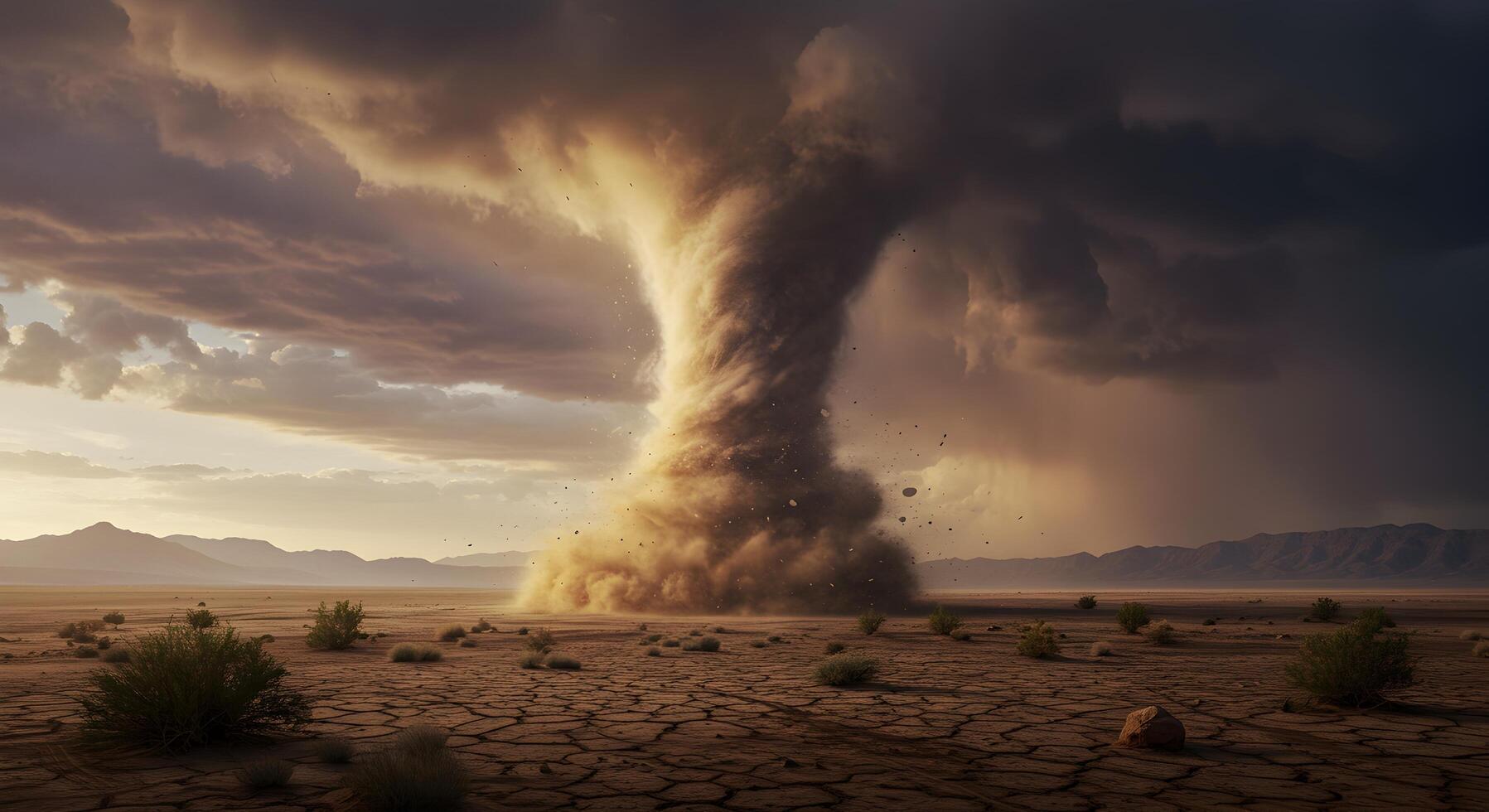 Apocalyptic Storm Brewing, a powerful tornado sweeps across a desolate landscape photo