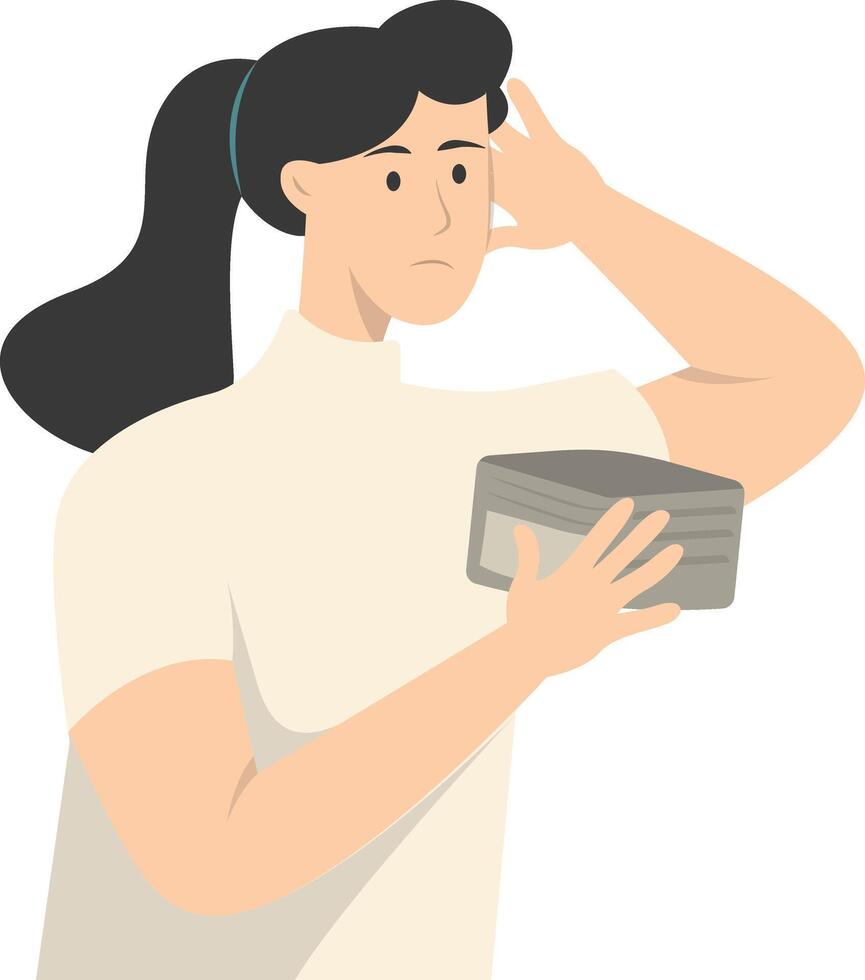 Confused Woman Holding Empty Wallet with Flat Design. vector