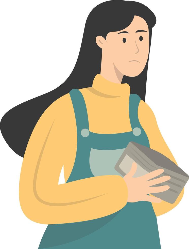 Confused Woman Holding Empty Wallet with Cartoon Shape vector