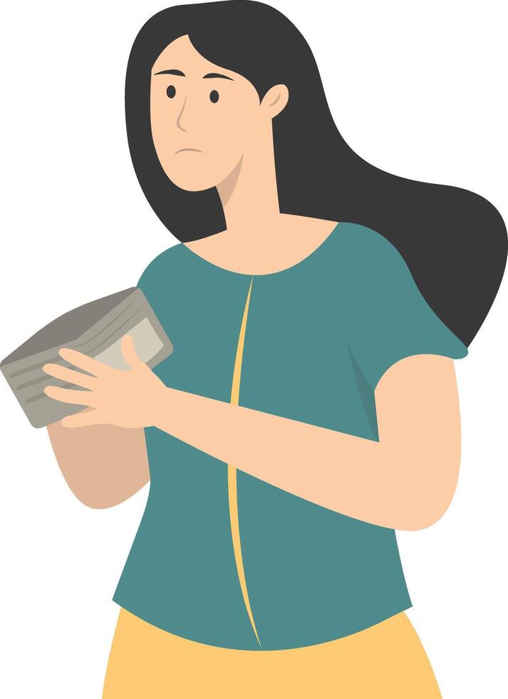 Confused Woman Holding Empty Wallet with Cartoon Design. vector