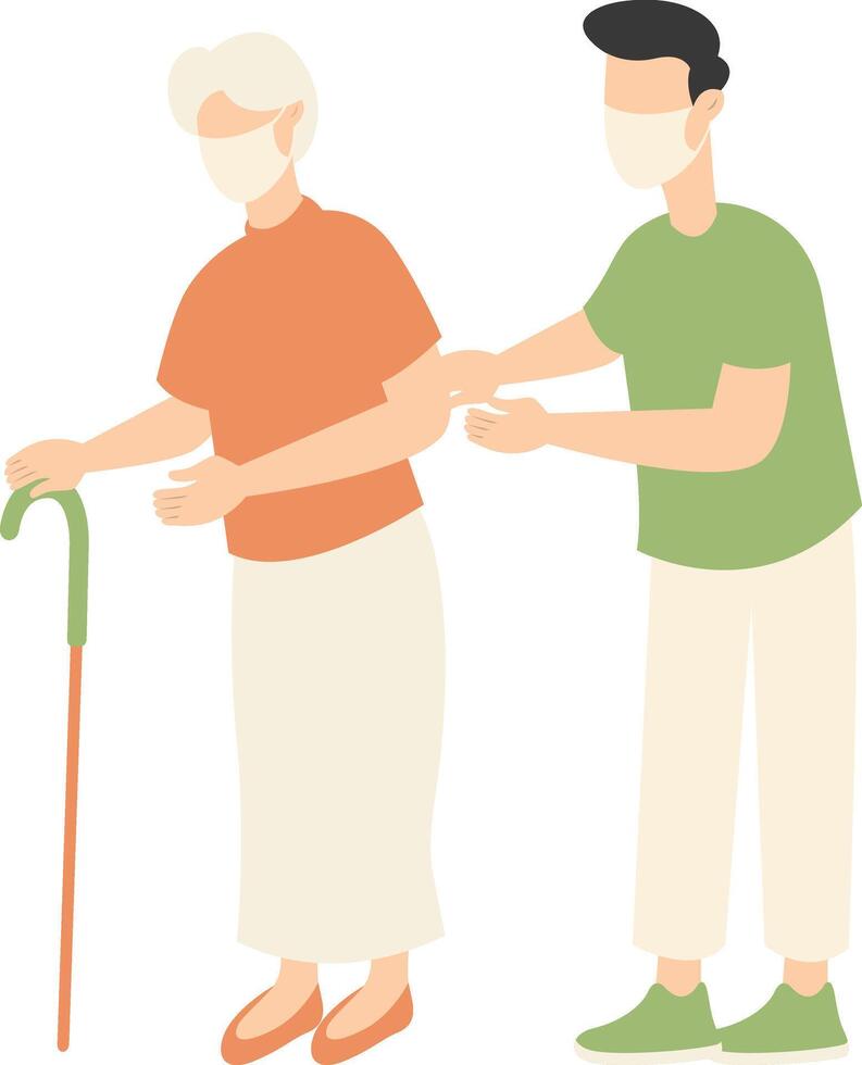 Volunteers Character with Old People. Isolated on White Background. vector