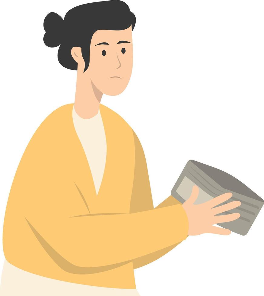 Confused Woman Holding Empty Wallet in Cartoon Design. vector