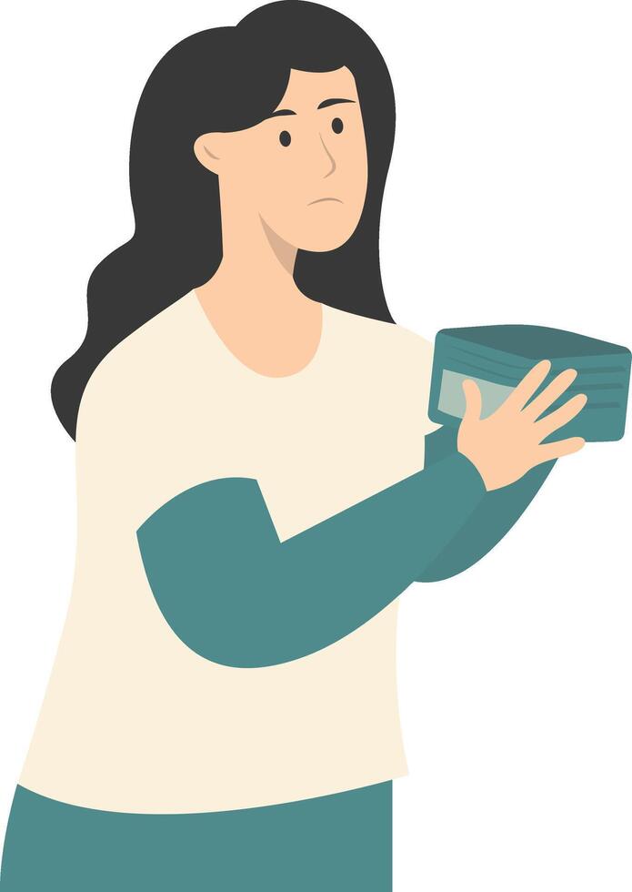 Confused Woman Holding Empty Wallet with Cartoon Design vector
