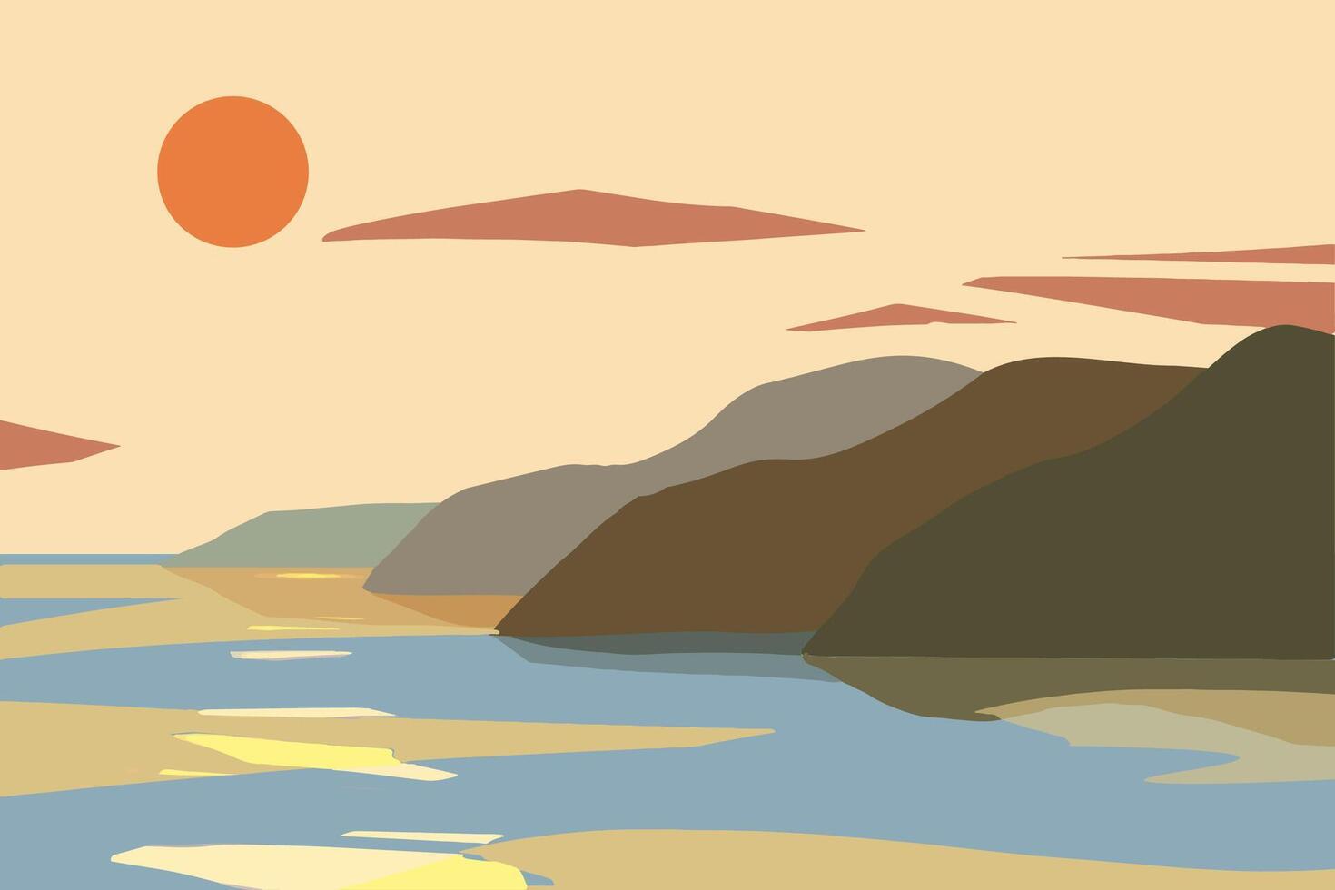 Minimalist style flat design island hills with sunset vector