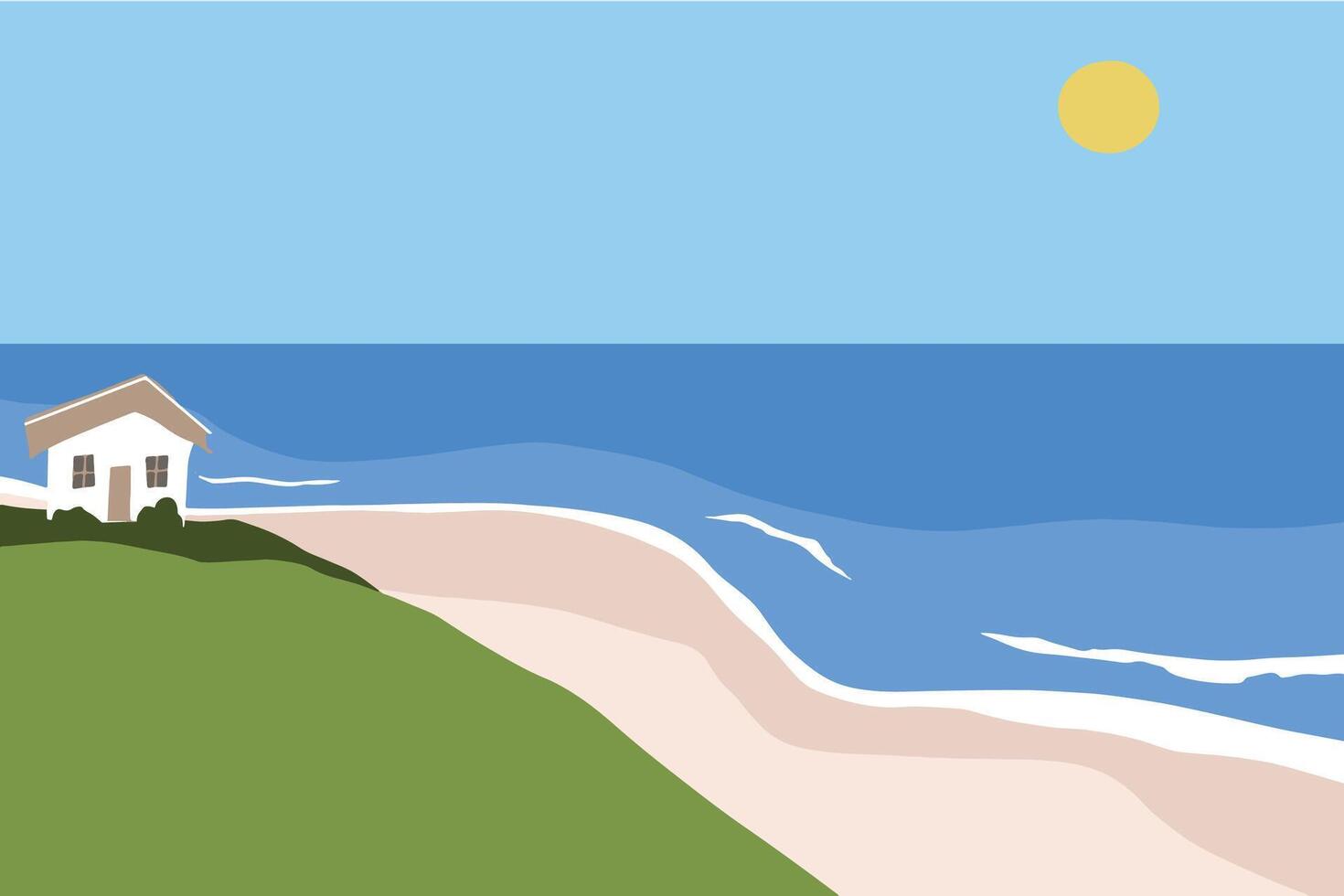 Ocean view with small house uphills flat design vector