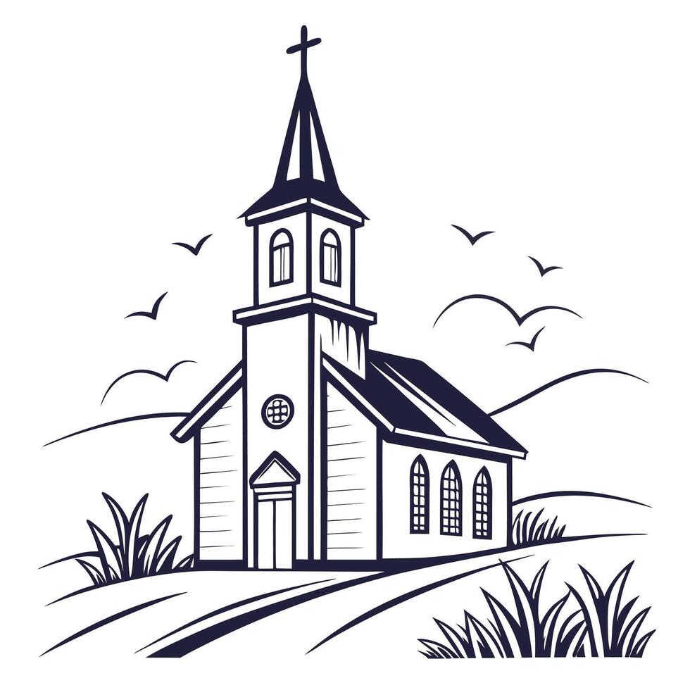 Serene Country Church Illustration Black and White Drawing vector