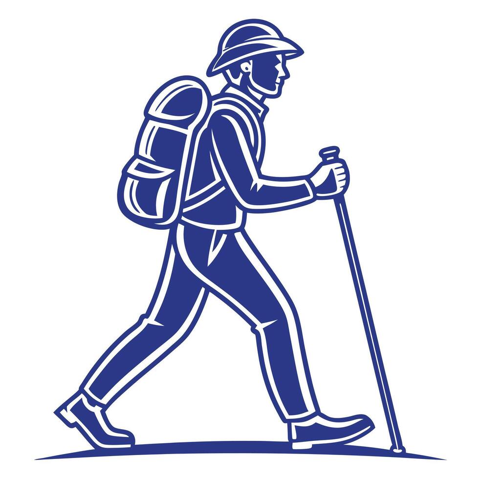 Blue Silhouette of a Hiker with Backpack and Trekking Pole vector