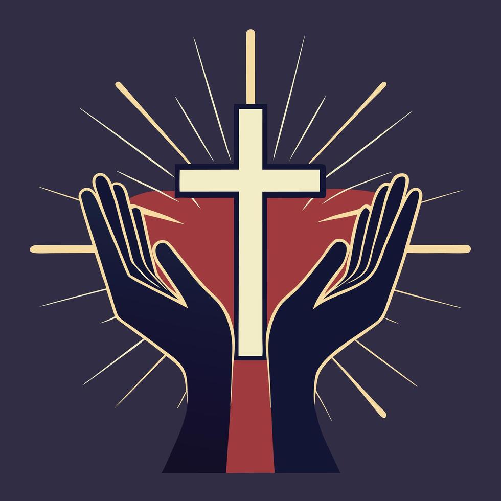 Abstract Christian Art Depicting Hands Holding a Radiant Cross vector