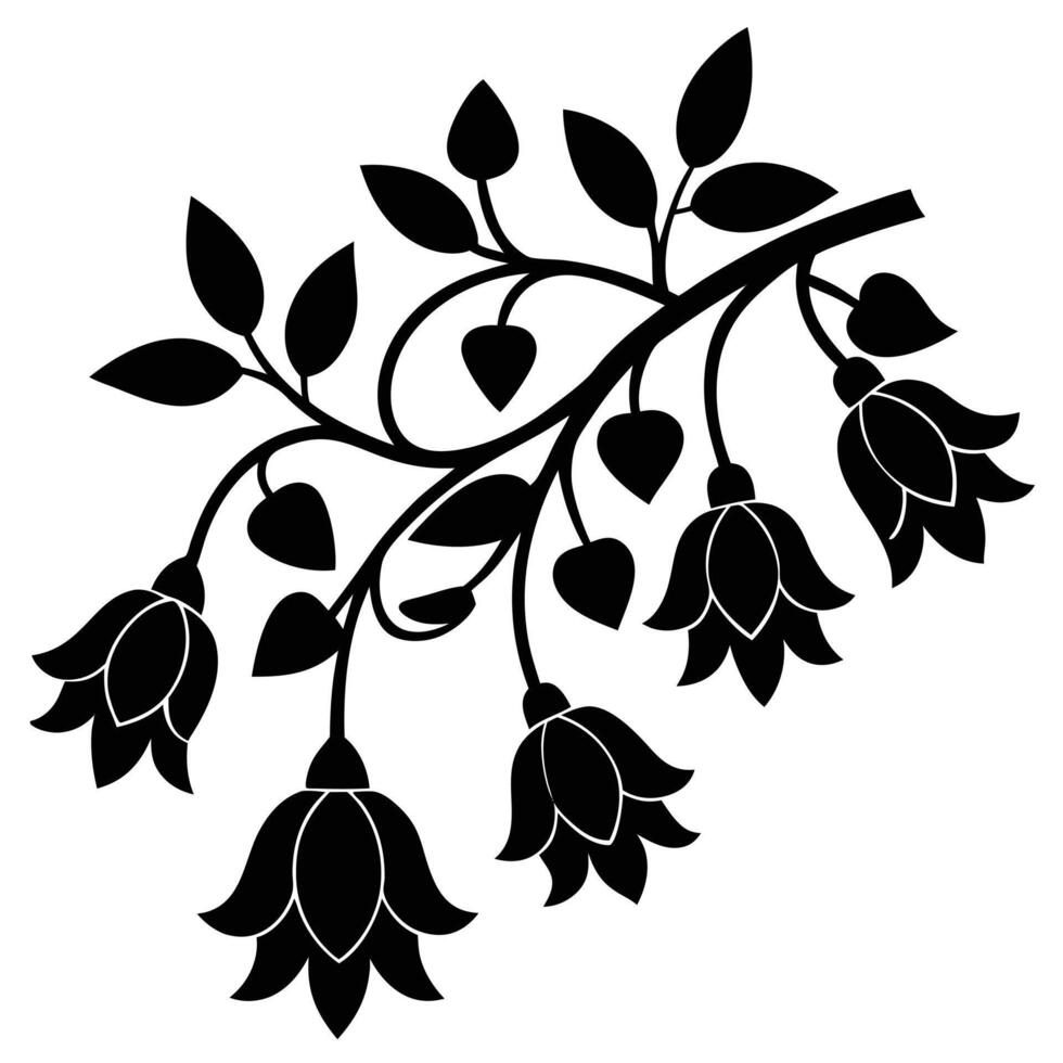 Black and White Stylized Floral Branch with Bell-Shaped Flowers vector