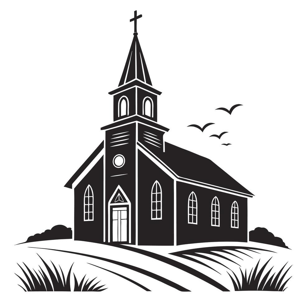 Simple Black and White Illustration of a Church in a Rural Setting vector