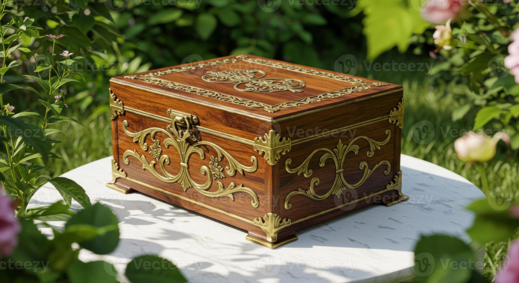 Elegant wooden keepsake box with golden ornaments in a flourishing garden photo