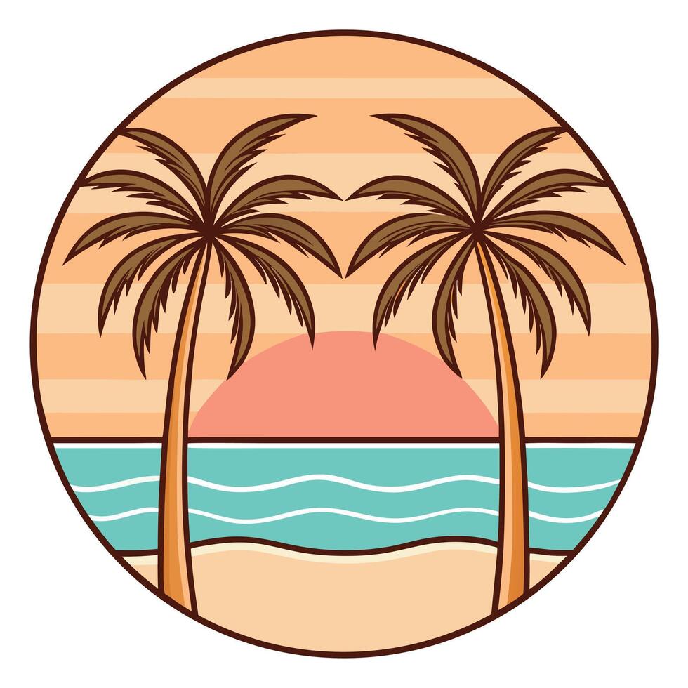 Tropical Sunset Beach Scene with Palm Trees in a Circular Design vector