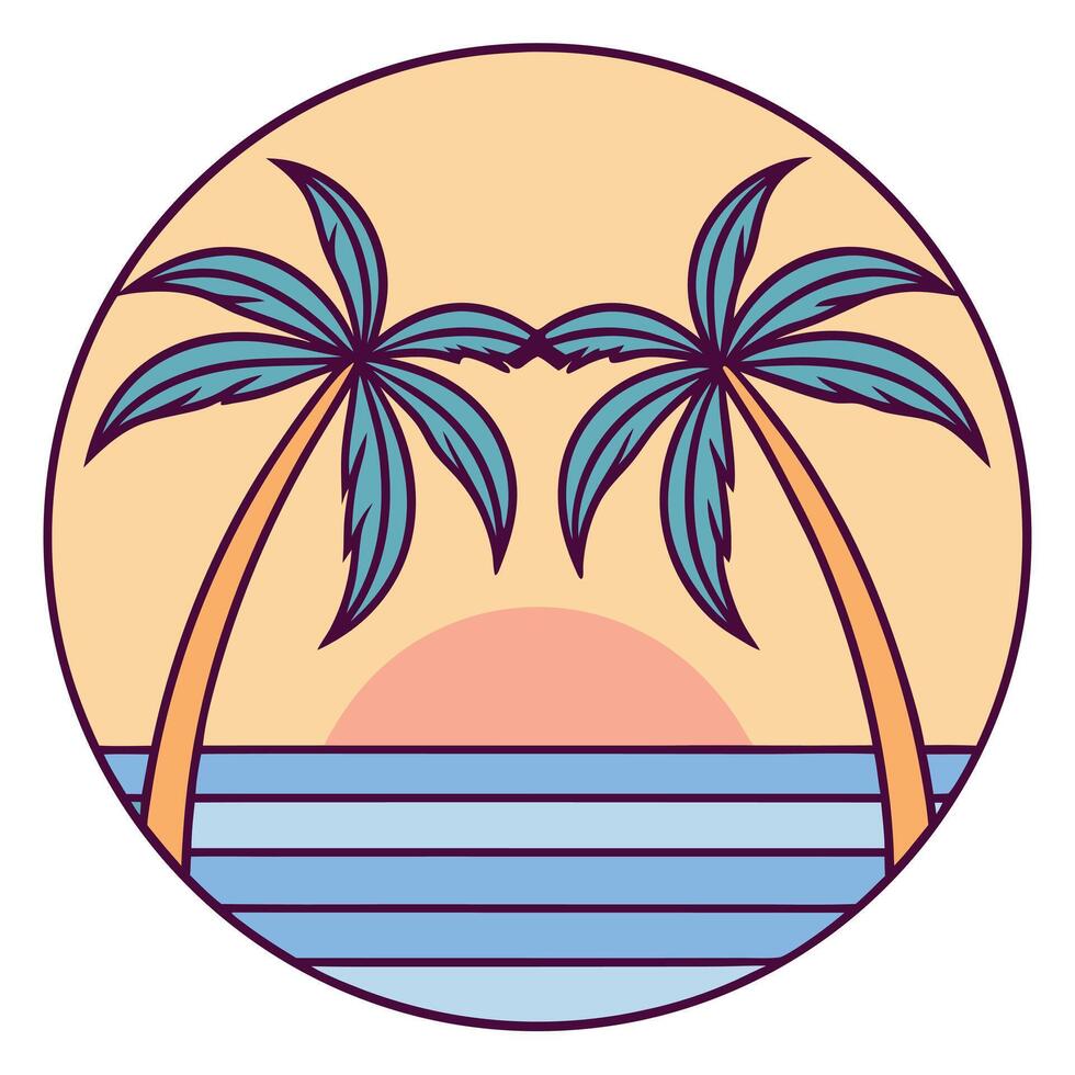 Tropical Sunset Scene with Two Palm Trees and Ocean vector