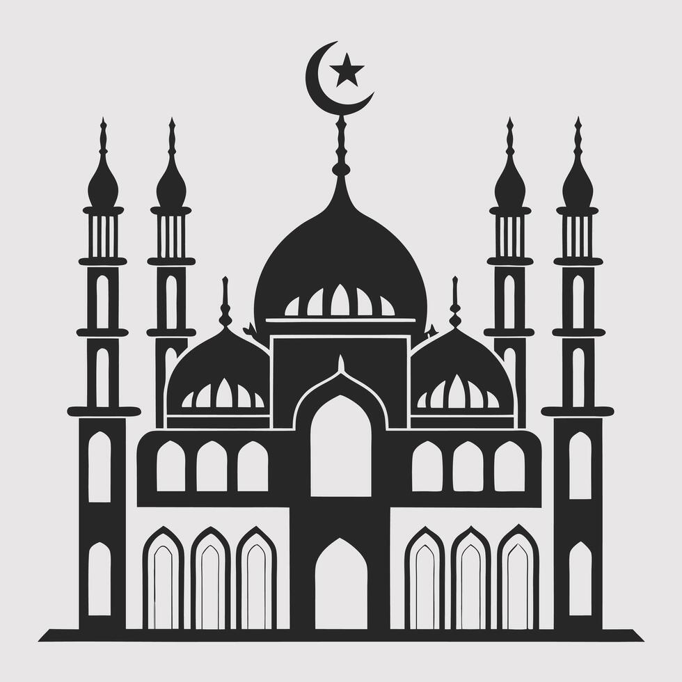 Black and White Silhouette of a Grand Mosque with Minarets vector