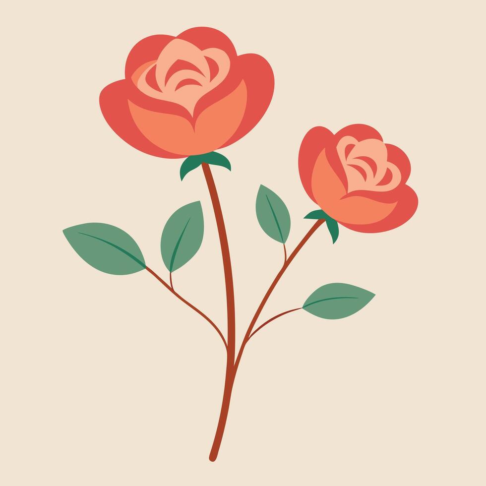 Simple Illustration of Two Coral Roses with Green Leaves on a Beige Background vector