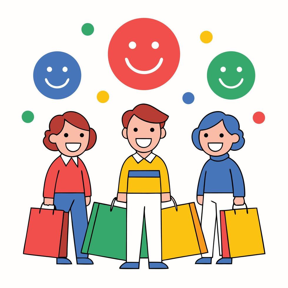 Happy Shoppers with Colorful Bags and Smiley Faces vector