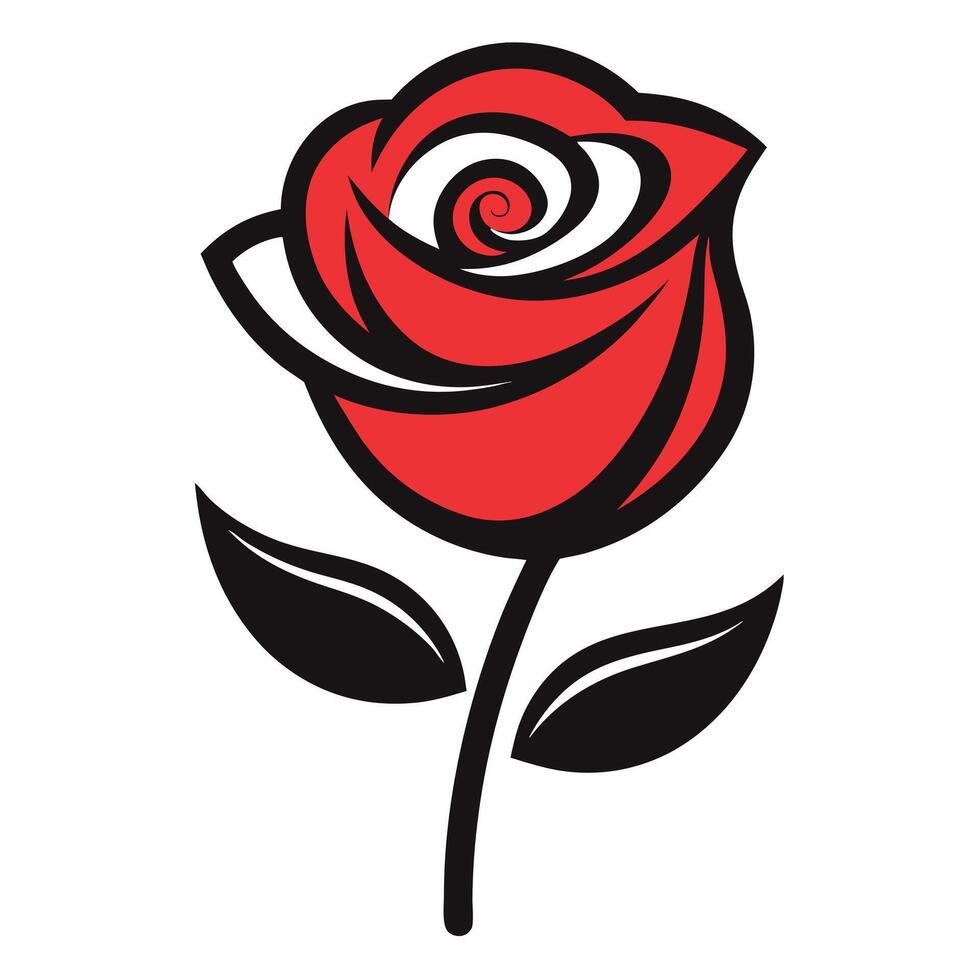 Stylized Red Rose Illustration with Black Outlines and Leaves vector