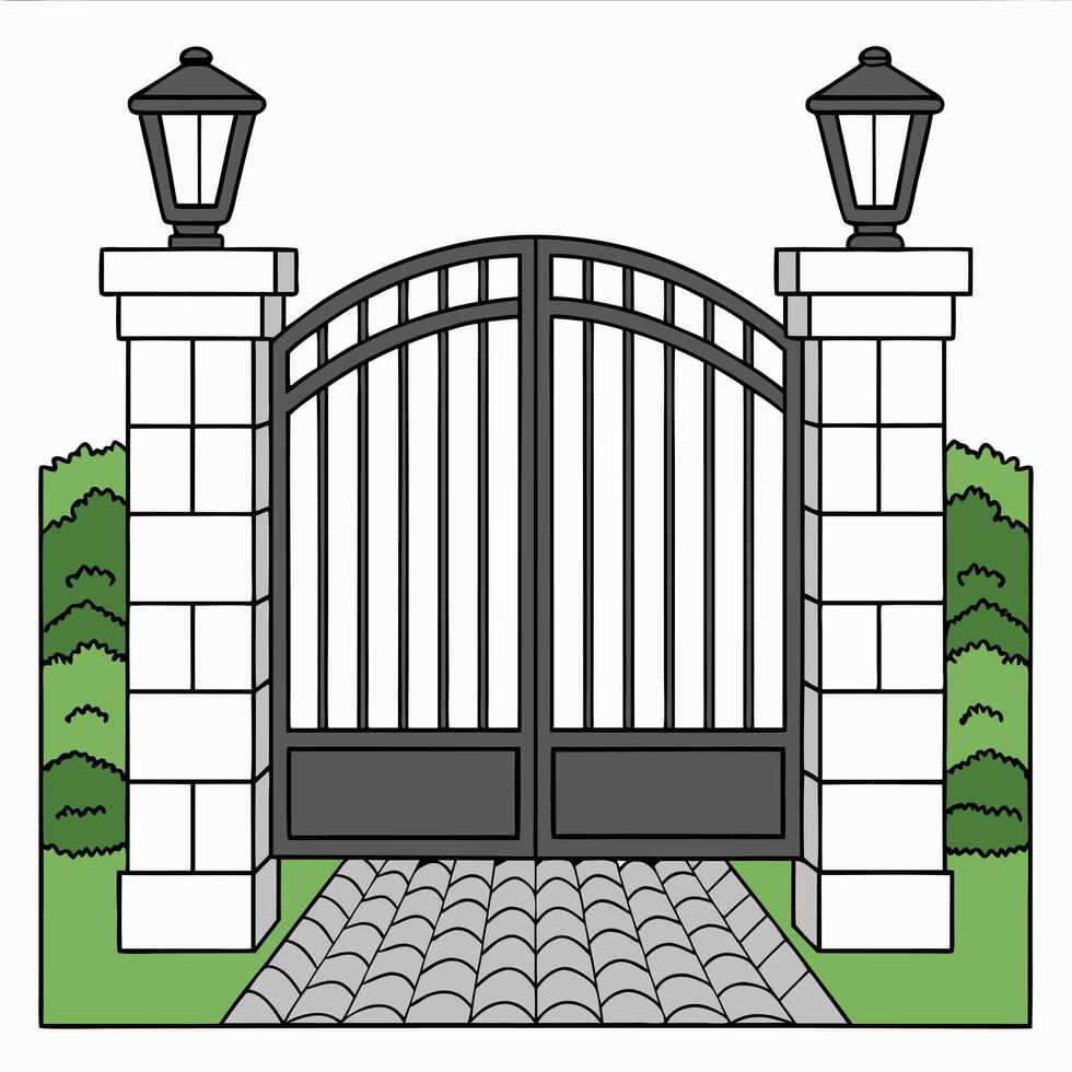 Elegant Black Metal Gate with Stone Pillars and Landscaping vector