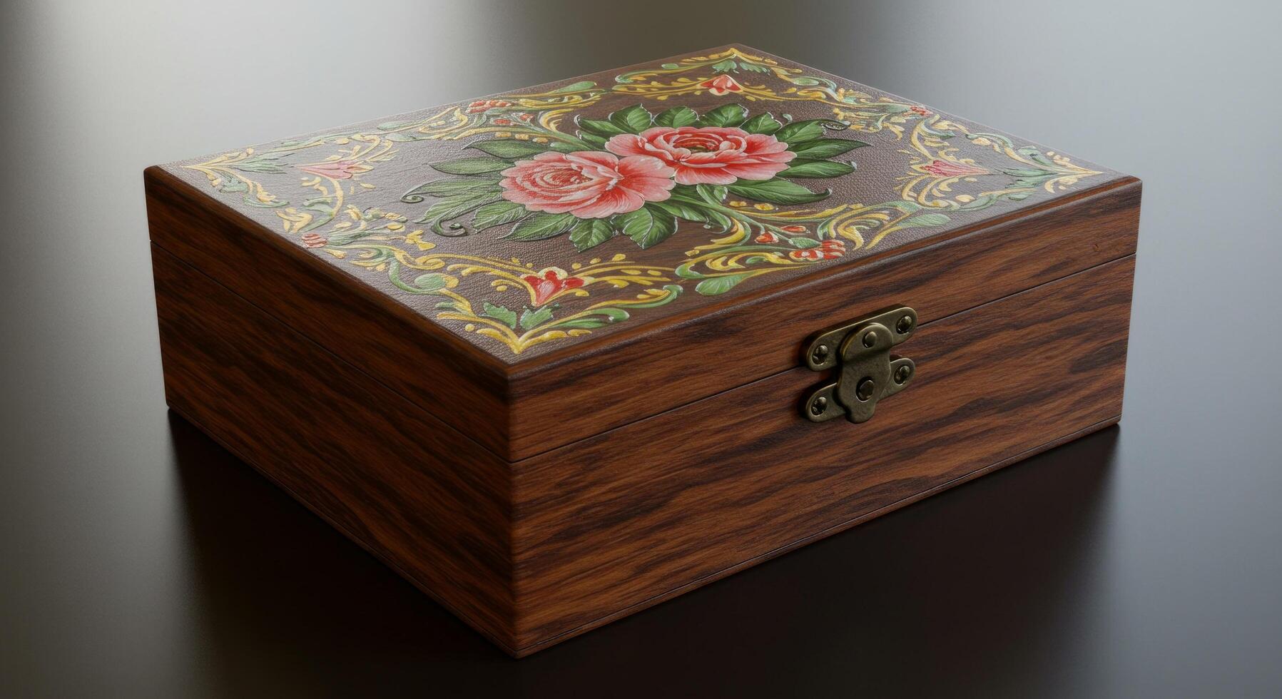 Ornate wooden box with floral designs showcasing craftsmanship and tradition photo