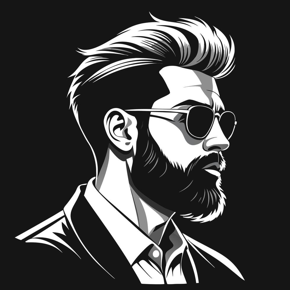 Stylish Monochrome Illustration of a Bearded Man with a Pompadour Hairstyle vector