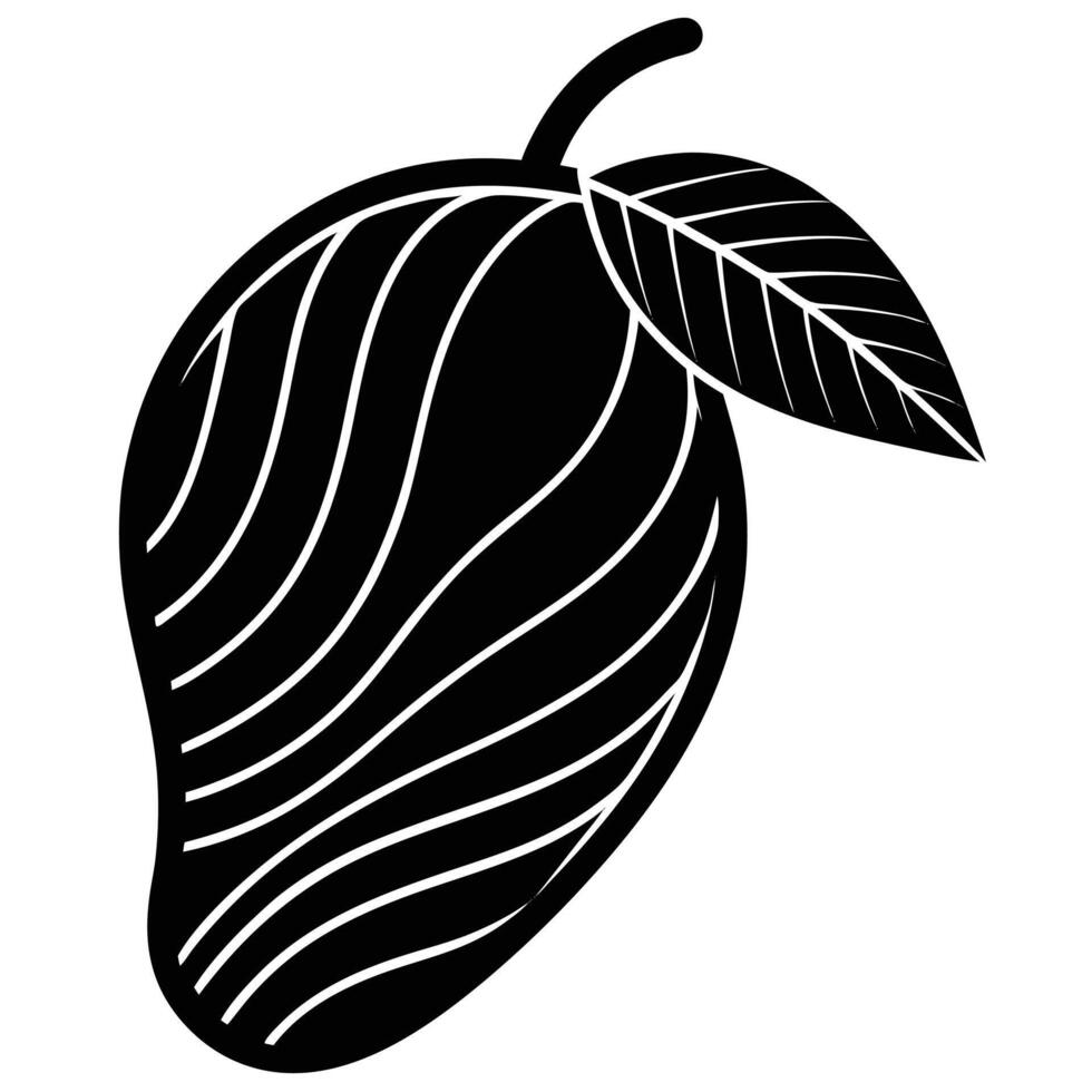 Stylized Black and White Mango Fruit Illustration with Leaf vector