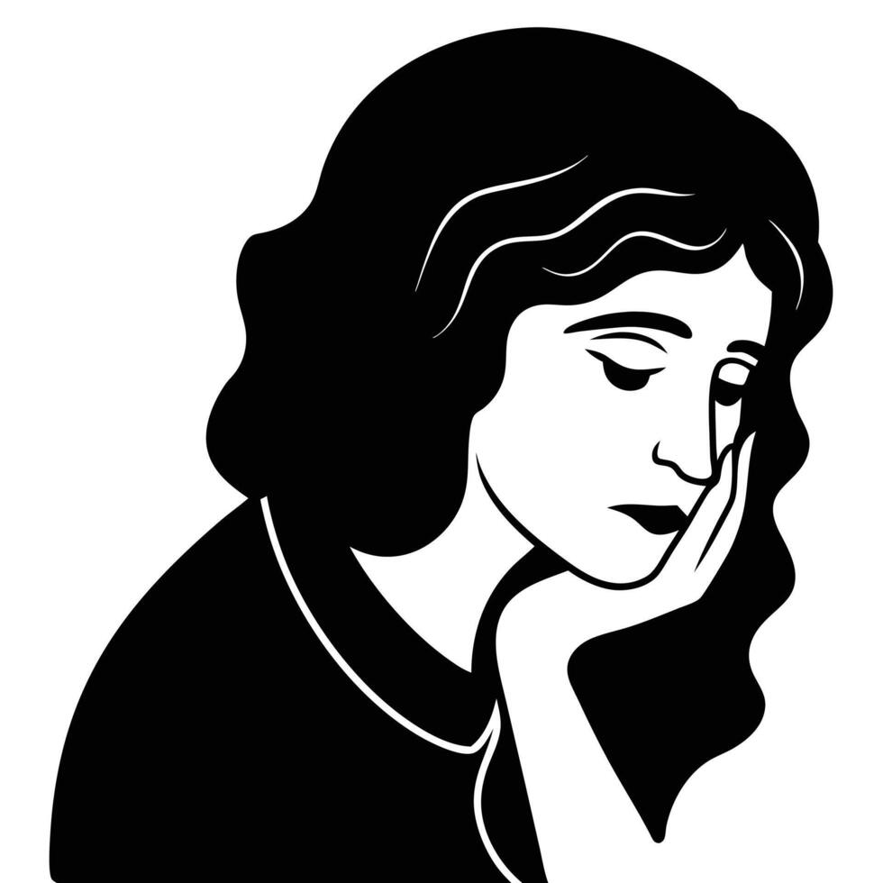 Monochromatic Illustration of a Pensive Woman with Wavy Hair vector