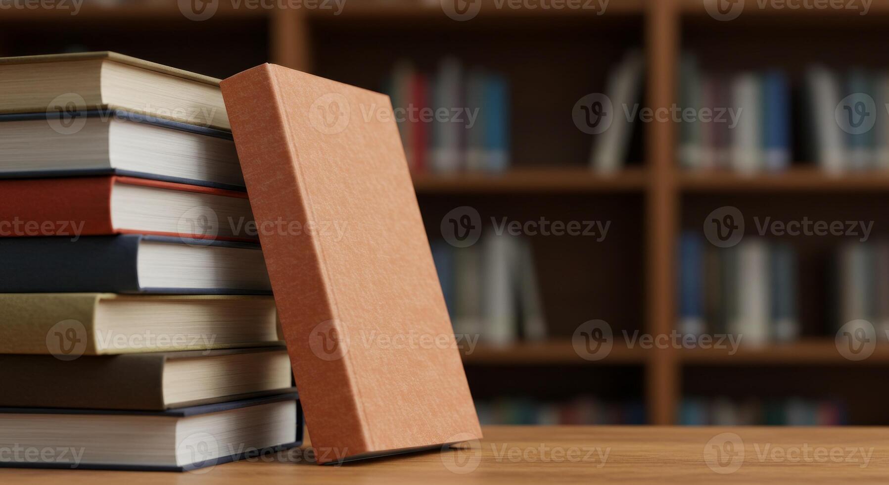 Stacked Books and a Blank Book on Table in Library with Wooden Bookshelves photo